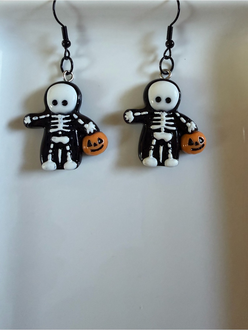 Halloween Skeleton Costume Earrings - Black & White with Orange Pumpkin